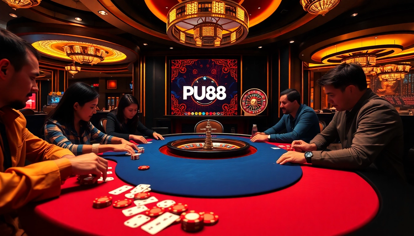 Engaging players at a PU88 poker table, showcasing excitement in a luxurious casino atmosphere.