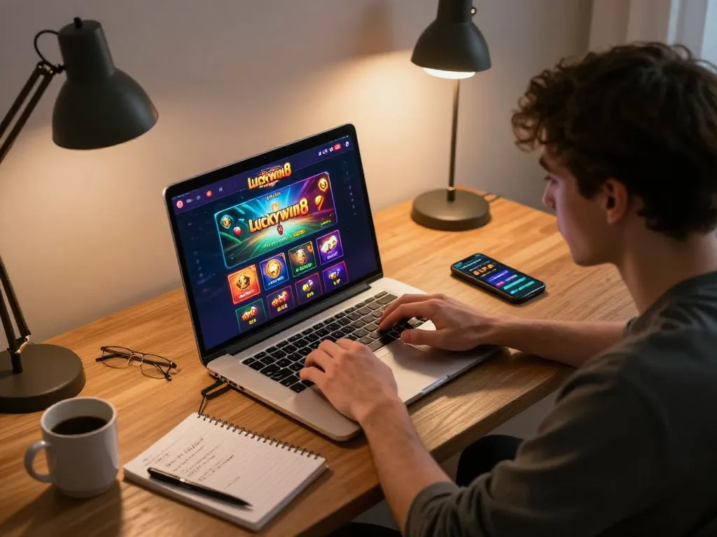 Engaging online casino gameplay featuring luckywin8 on laptop, showcasing vibrant graphics and game options
