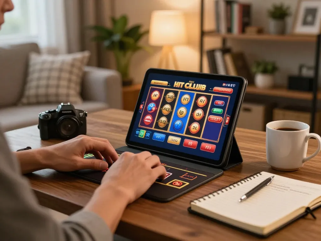 Player engaging with hitclub casino games on tablet, cozy home atmosphere with betting strategy notes.