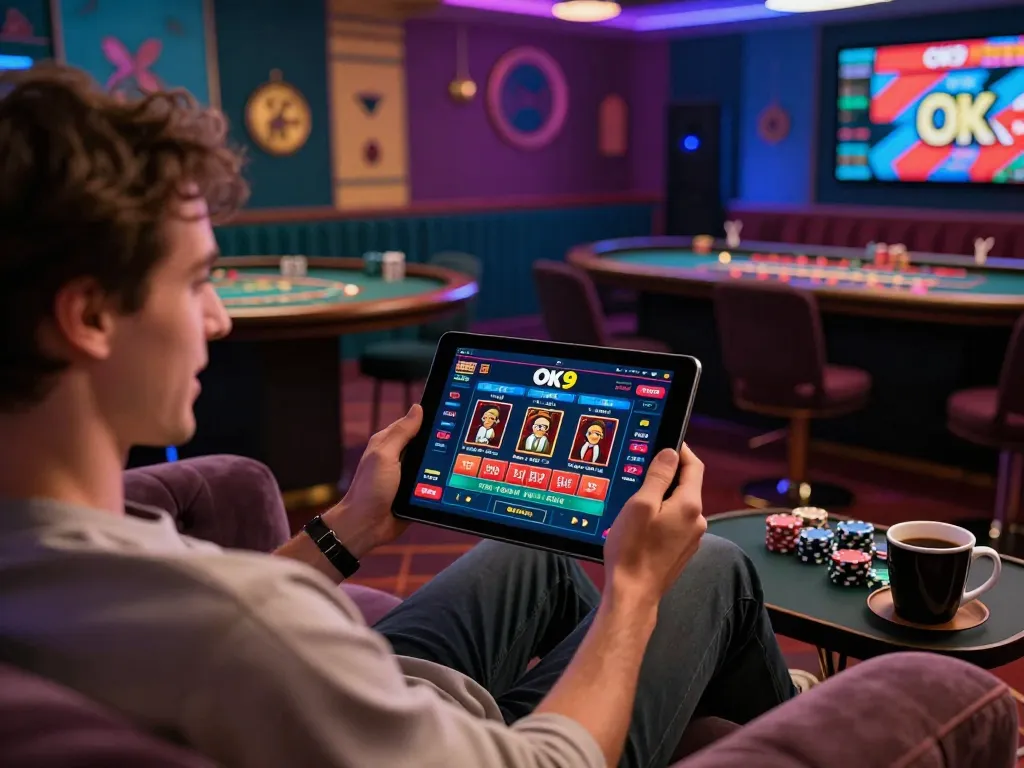 Player enjoying a lively online casino experience on Ok9 platform with vibrant atmosphere.
