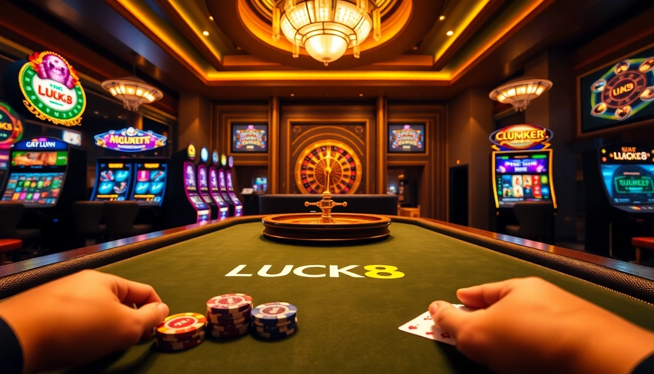 Enjoying a thrilling game at luck8's luxurious casino, featuring poker and roulette.
