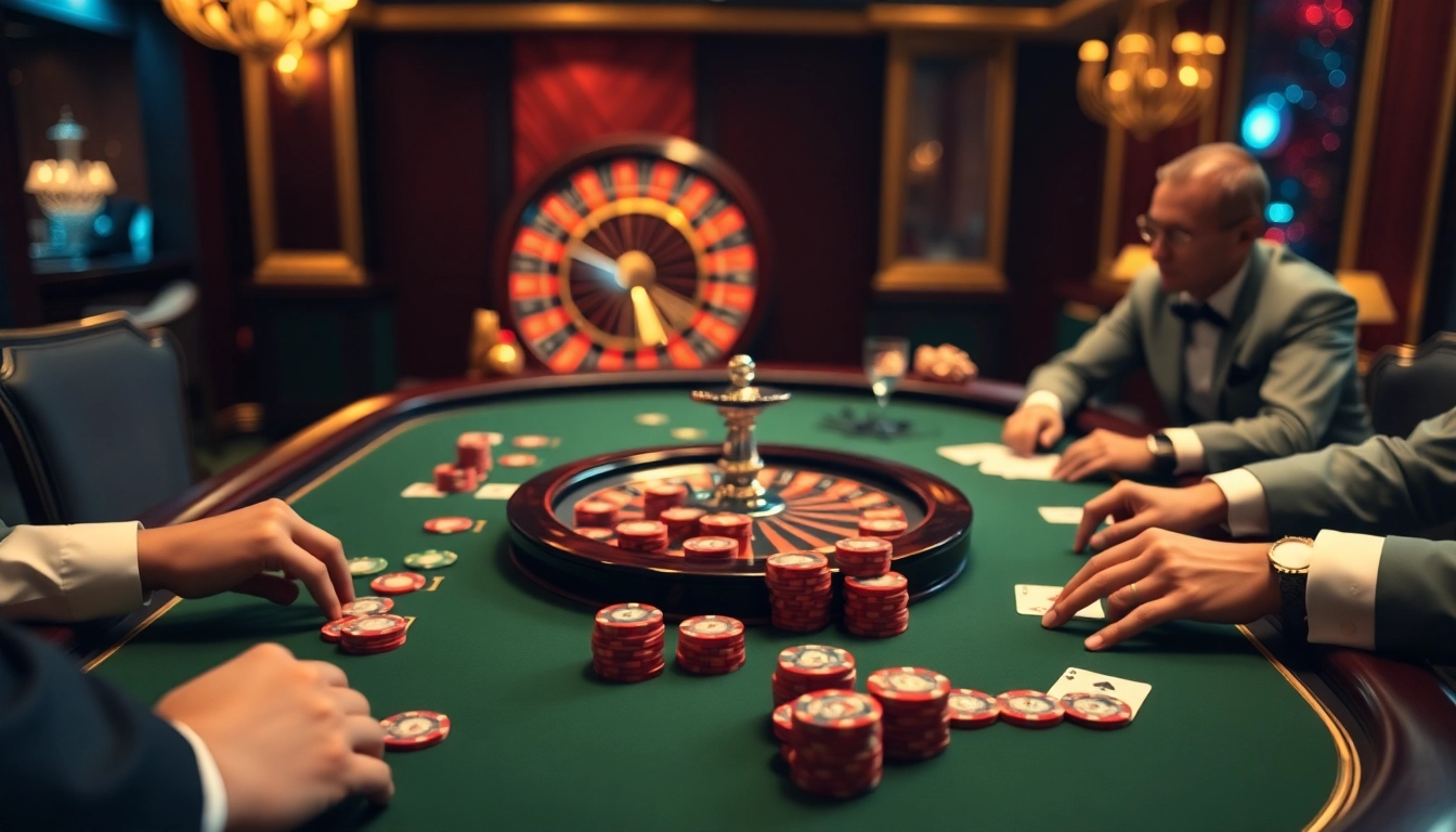 Players engaging intensely in a TR88-themed casino game, featuring vibrant cards and colorful chips.