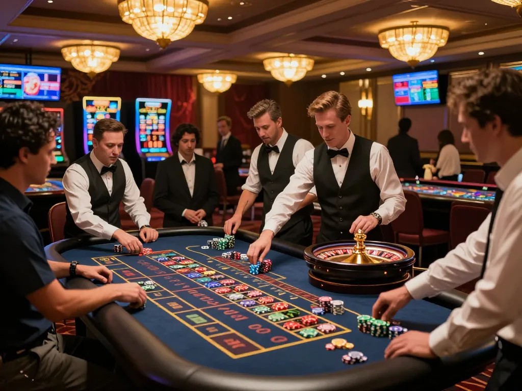 Players at a roulette table in an upscale casino enjoying their luck8 experience while placing bets.