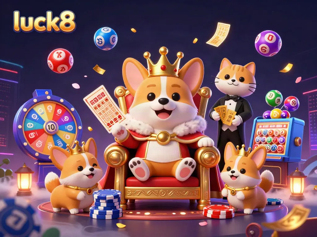 Engage in thrilling lottery excitement with luck8 as vibrant balls and golden cards surround the royal corgi.