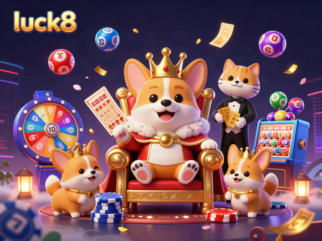 Engage in thrilling lottery excitement with luck8 as vibrant balls and golden cards surround the royal corgi.
