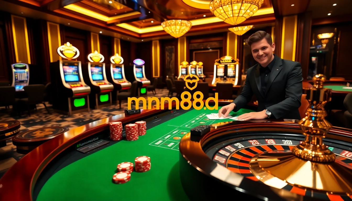 A vibrant casino scene with engaging games reflecting mm88.dance, showcasing poker tables and slot machines.
