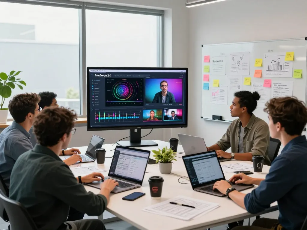Team collaborating on Seedance 2.0 AI video production in modern office