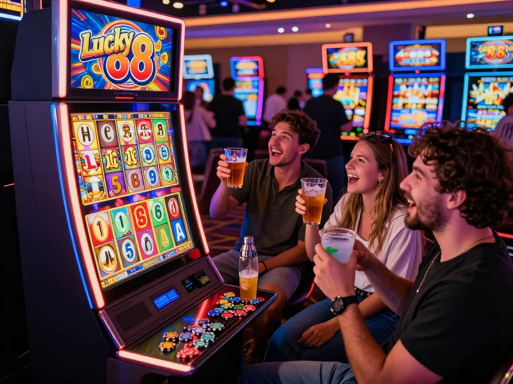 Excited players at the Lucky 88 slot machine, celebrating wins and enjoying drinks in a vibrant casino atmosphere.