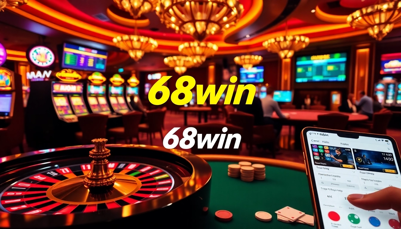 Players engaging in online gambling with the 68win app displayed on a smartphone amidst casino elements.