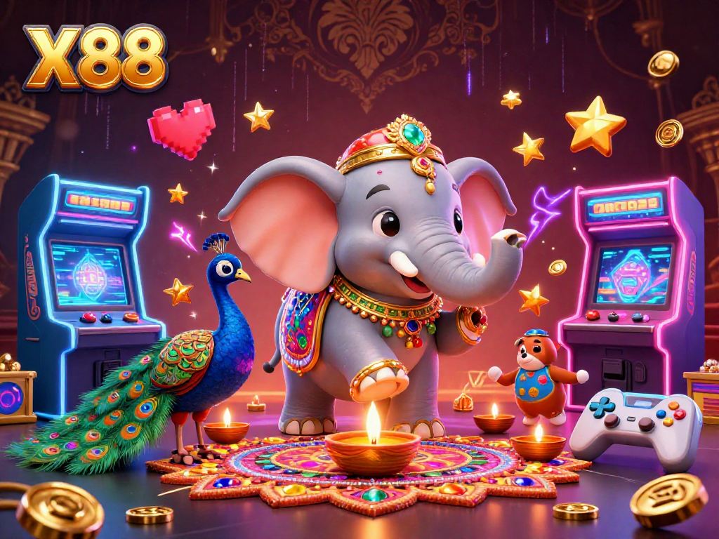 X88 brings vibrant excitement with a Diwali-themed elephant and a peacock in a bustling casino world.