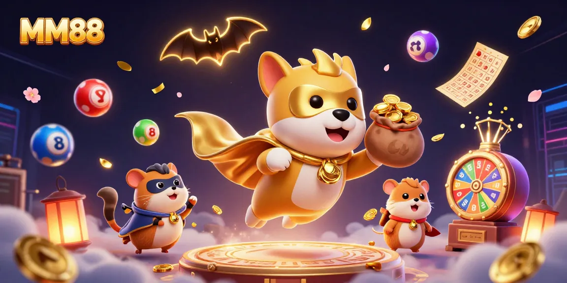 Experience the thrill of MM88 gaming with a superhero dog, lottery balls, and vibrant casino elements.