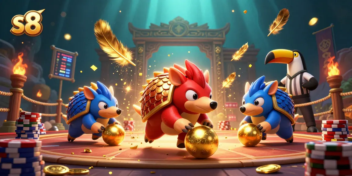 Experience thrilling gameplay with S8 pangolins bowling through poker chips in a vibrant casino.