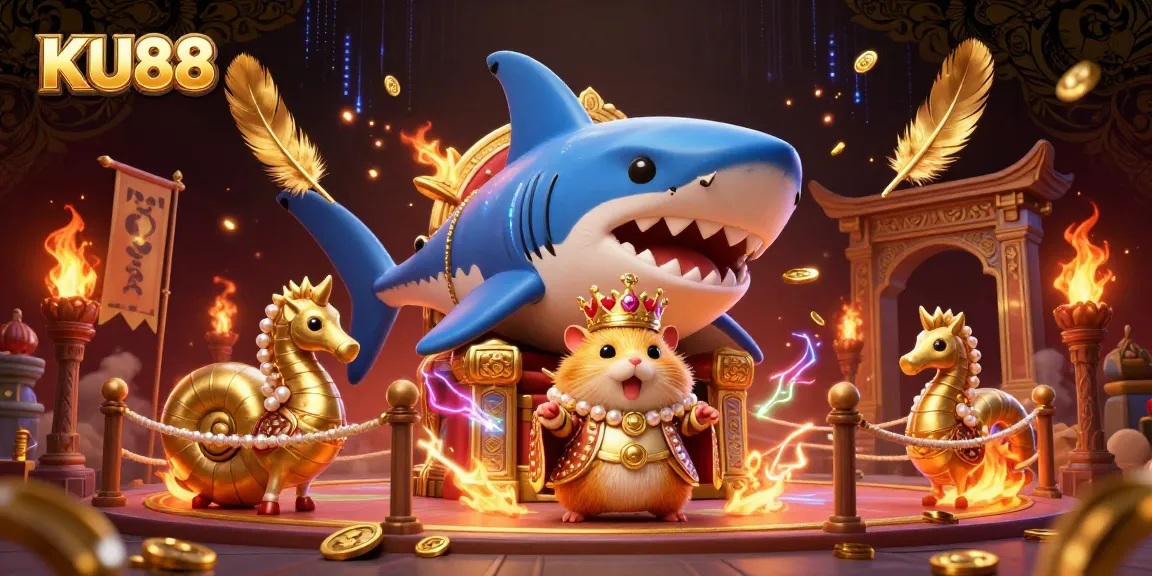 Spin into excitement at KU88's vibrant and dynamic casino scene, with a golden hamster king atop a megalodon throne.
