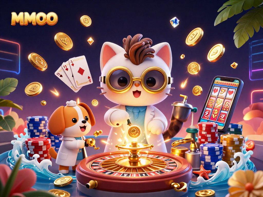 Engage with MMOO's thrilling casino experience featuring vibrant 3D characters, coins, and gaming elements.