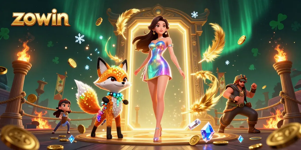 Zowin's vibrant casino realm showcases a dazzling woman and a colorful pixel fox amid swirling game elements.