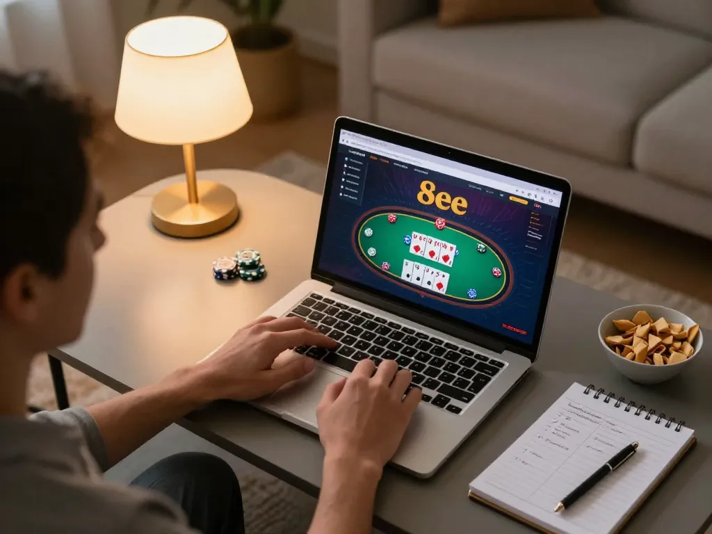 Engaging gameplay on the 8eee platform in a cozy home setup, highlighting a laptop and strategy materials