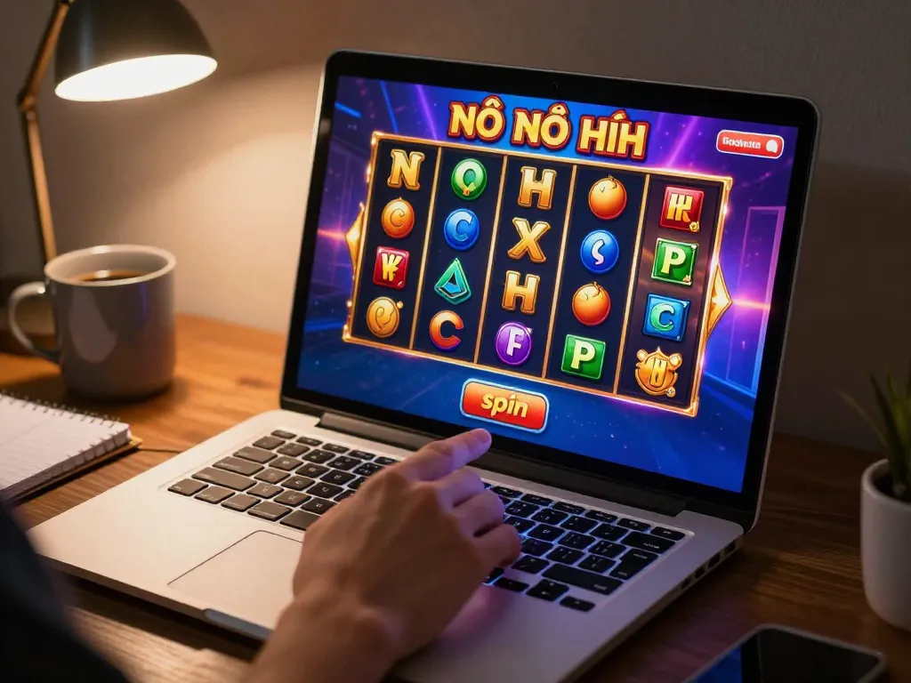 Engaging player spins nổ hũ slot on laptop at home, showcasing vibrant game graphics and strategic notes.