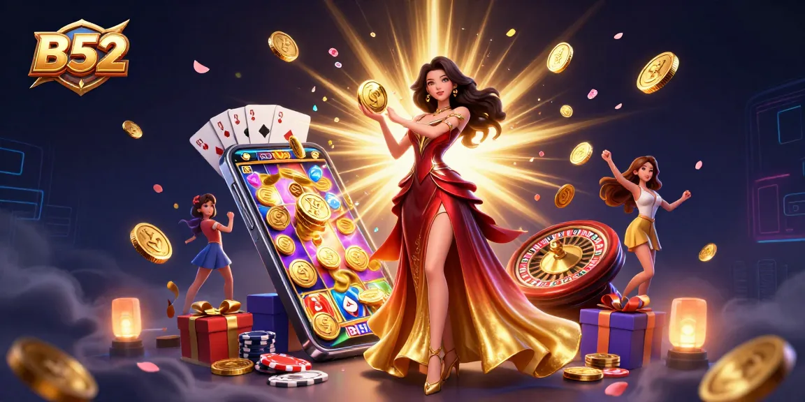 B52 slots scene with a stunning Asian woman celebrating a jackpot, surrounded by dynamic casino elements.