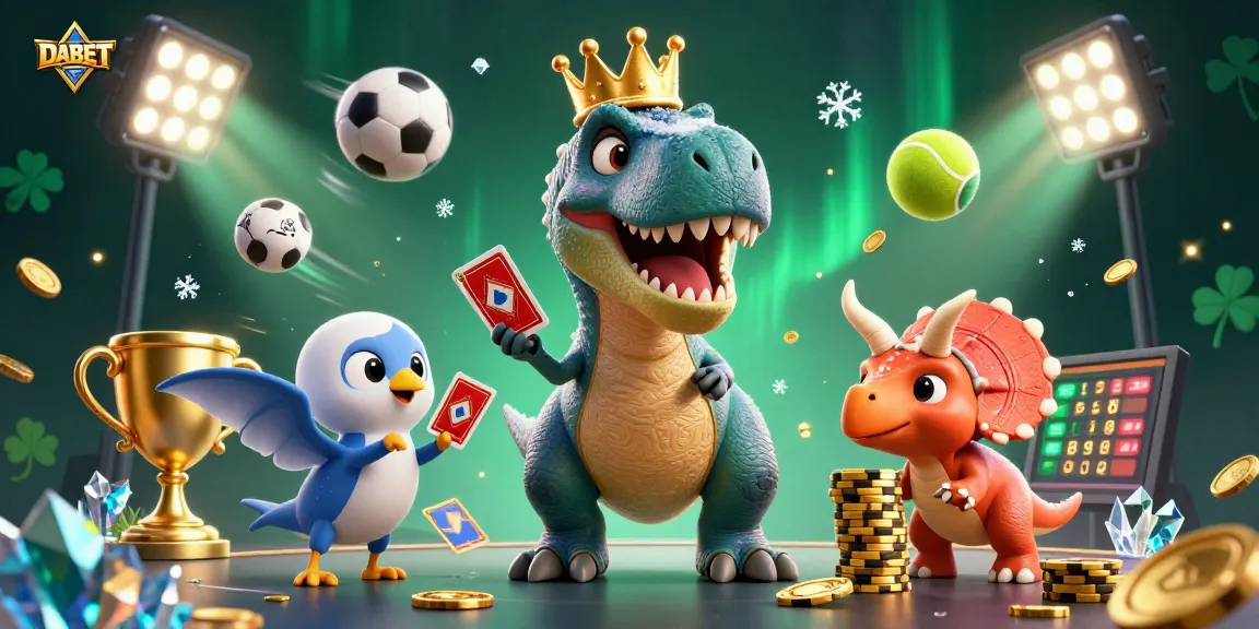 DABET showcases a fun casino scene with cartoon dinosaurs playing cards and stacking chips.