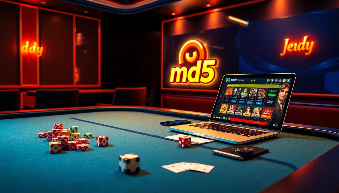 Tài xỉu md5 online gaming interface with vibrant casino elements including chips and dice.