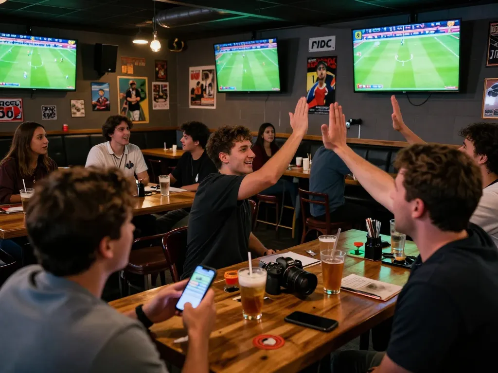 Socolive fans cheering while engaging in live sports betting at a vibrant sports bar.