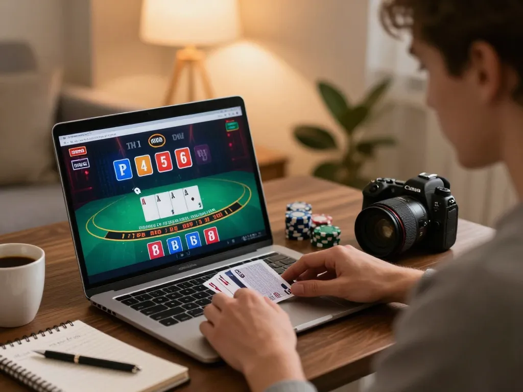 MM88 user enjoying a strategic live blackjack game on a laptop in a cozy setting.