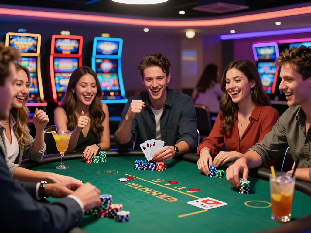 Experience the excitement at https://topbet8x.com/ with friends cheering at a vibrant poker table.