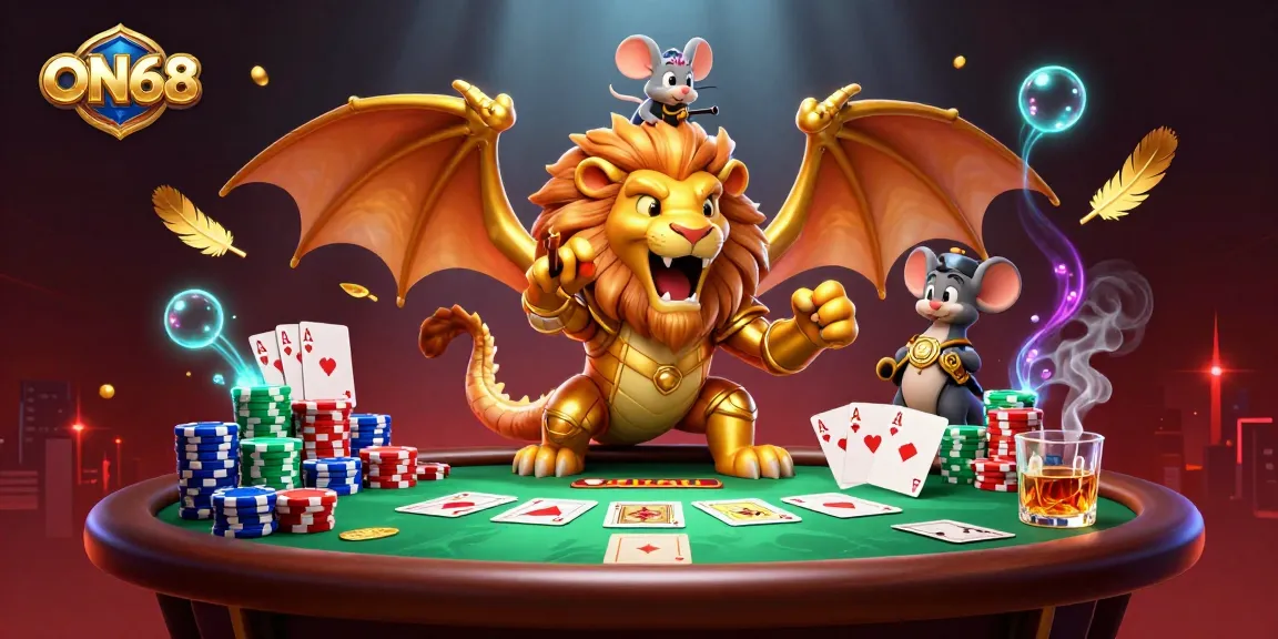 Engage with ON68's gambling thrills featuring a triumphant chimera in golden armor and poker elements.