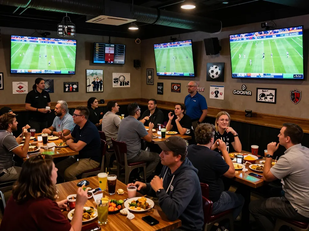 Engaged viewers at a sports bar watching resultsfootball events on multiple screens