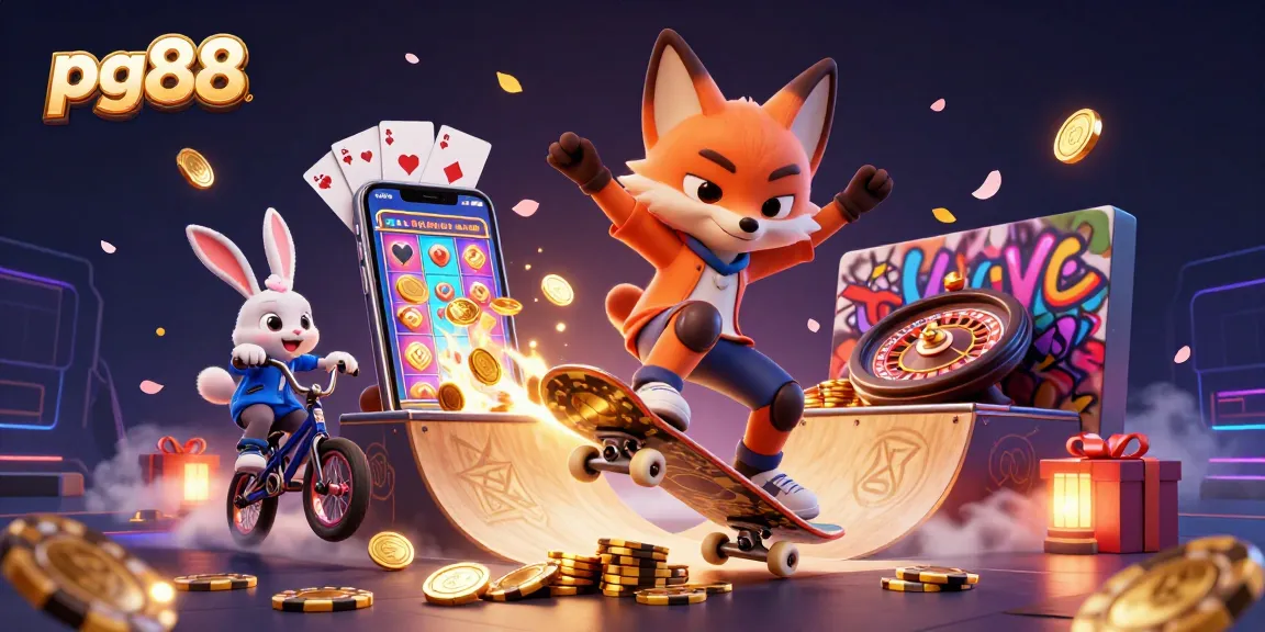 Experience thrilling casino action with pg88 as a skateboarder fox and BMX-riding rabbit showcase gaming adventures.