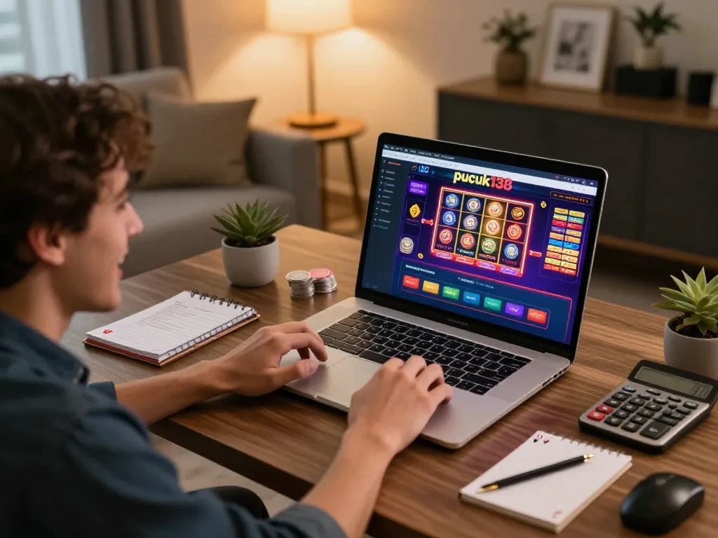 Pucuk138 user interacting with an online casino gaming setup in a modern home office