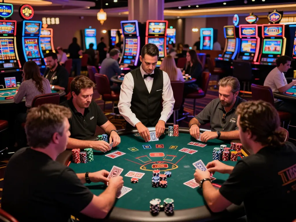 Players enjoying blackjack action at LUCK8 casino with vibrant neon lights.