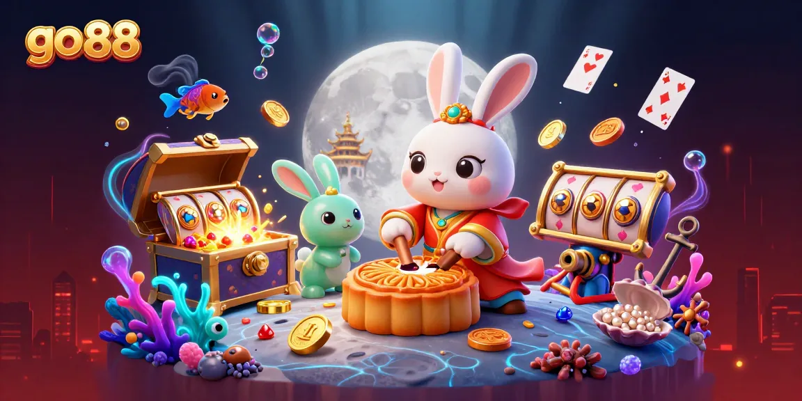 Experience the thrill of go 88 with a vibrant 3D casino scene featuring a moon rabbit and slot elements.