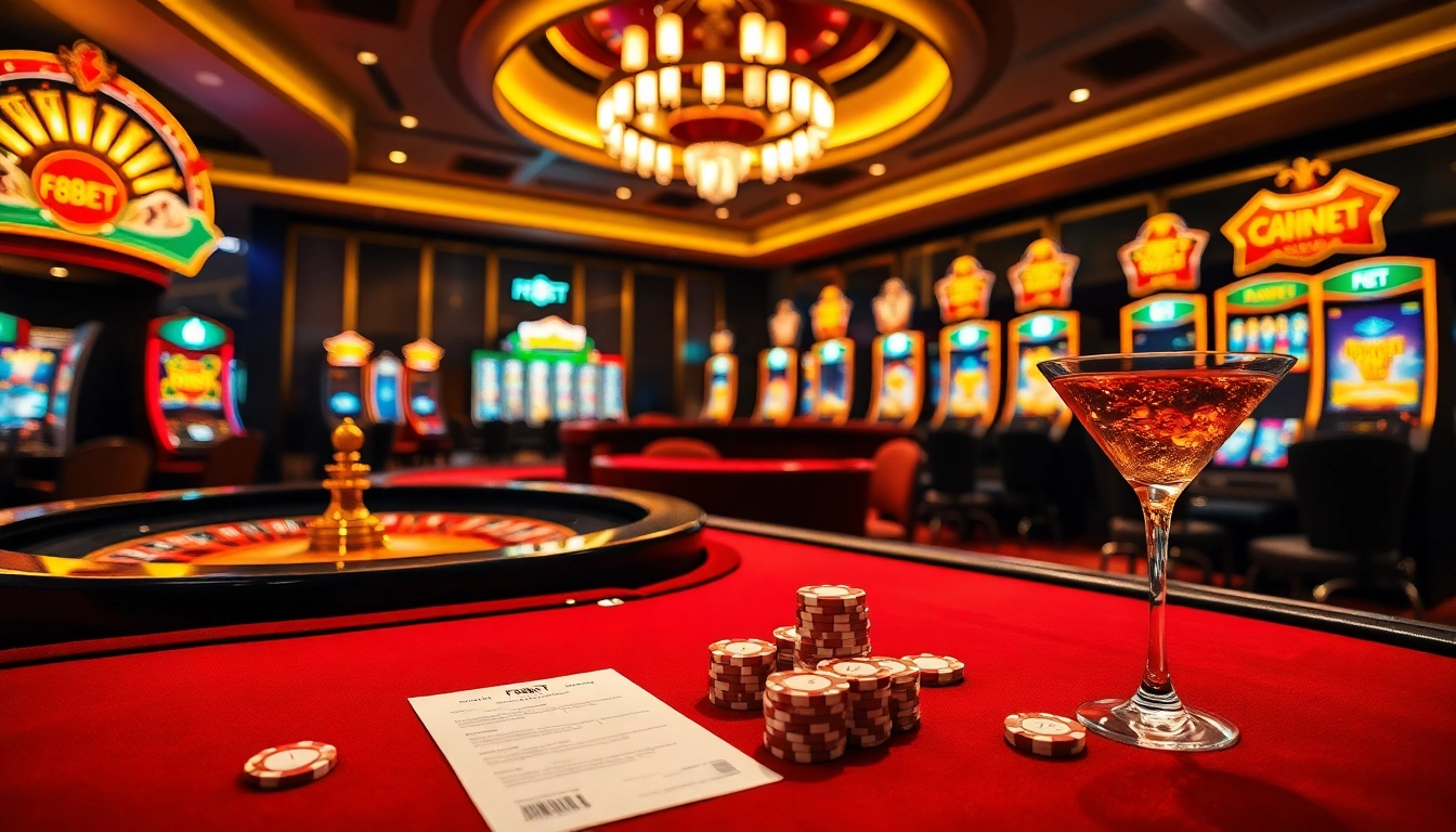 F8BET casino table with chips, cards, and roulette wheel, creating a thrilling gambling atmosphere.