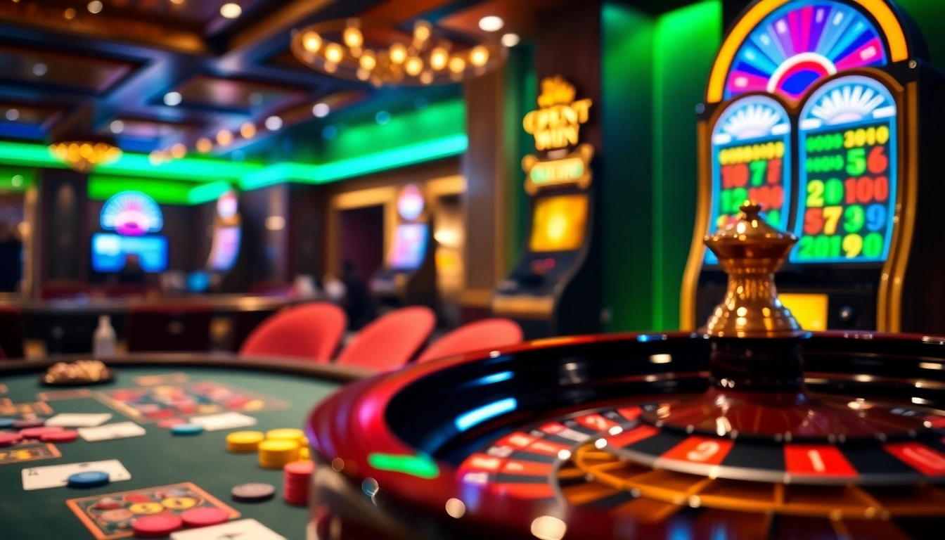 Experience thrilling gameplay at open88, featuring a vibrant casino ambiance filled with roulette wheels and poker tables.