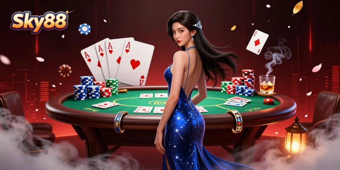 Engage in thrilling poker with Sky88, featuring a stunning Asian woman and vibrant casino elements.