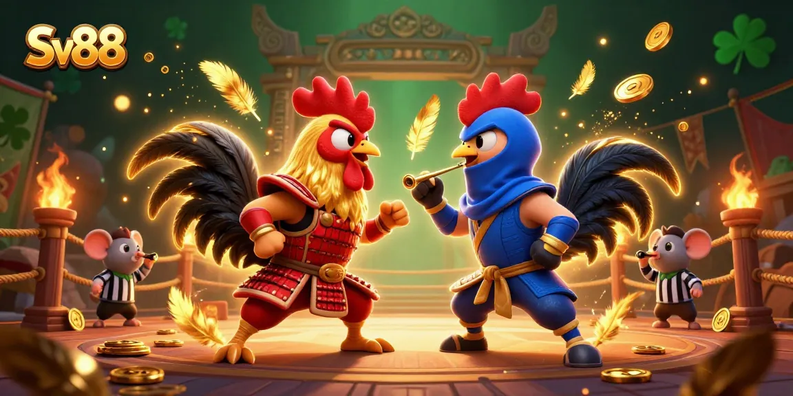 Experience thrilling battles with Sv88's fighting roosters in a vibrant casino arena illustration.