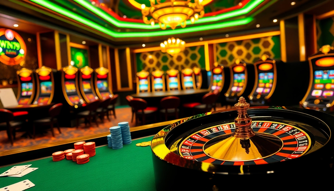 Win79 gaming table with vibrant poker chips and roulette wheel, creating an exciting casino atmosphere.