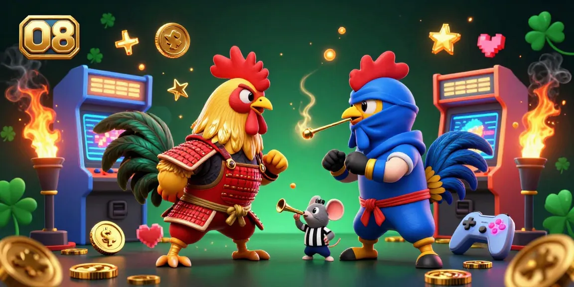 Witness the epic clash of roosters in O8's vibrant online gaming arena filled with dynamic casino elements.