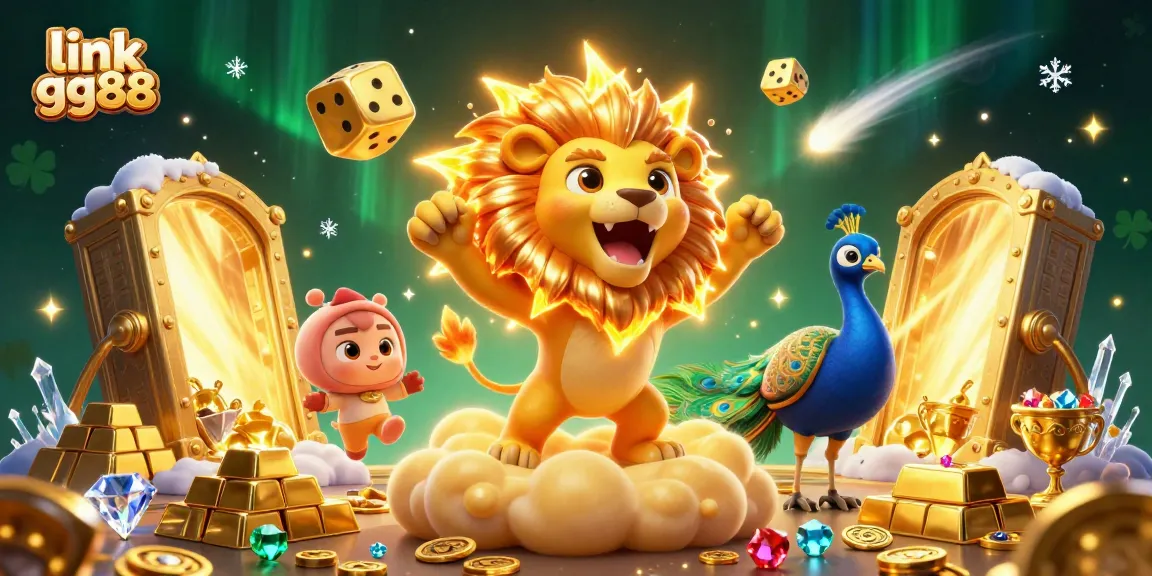 Experience thrilling excitement at link gg88 with golden treasures, roaring characters, and vibrant casino elements.