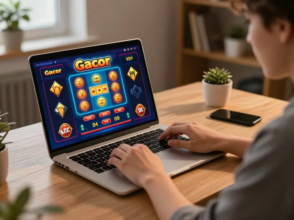 Engaging gameplay on Slot Gacor with a laptop, showcasing dynamic betting actions.