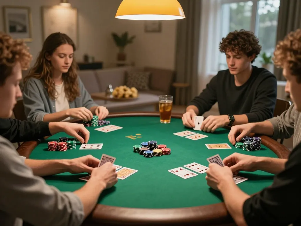 uu88 players enjoying a friendly poker game at home with chips and drinks.