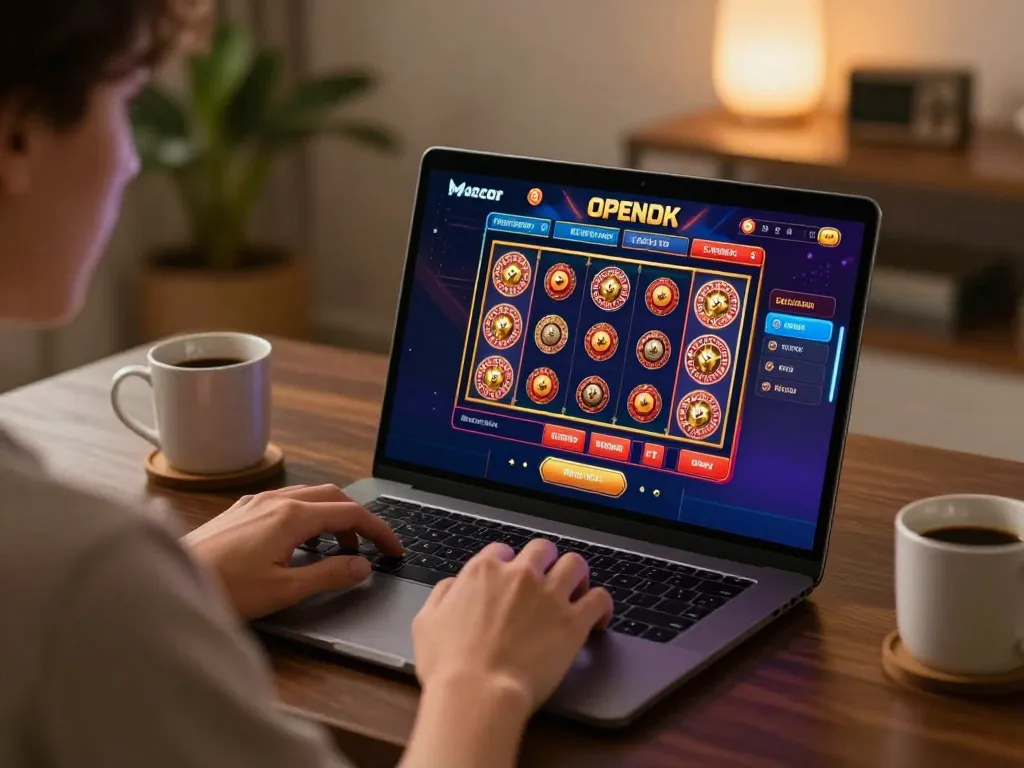 Engaged player enjoying O8 HAIR gaming session on laptop with vibrant casino interface displayed.