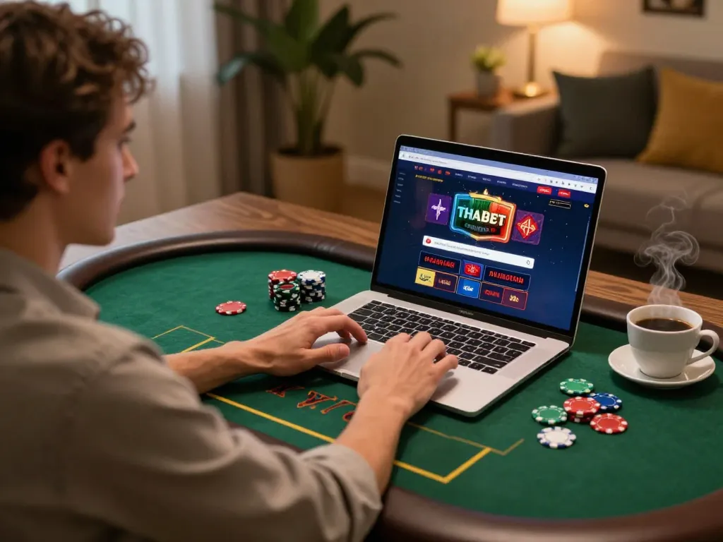 Engaging with Thabet online casino on a stylish desk setup for comfortable gaming experience