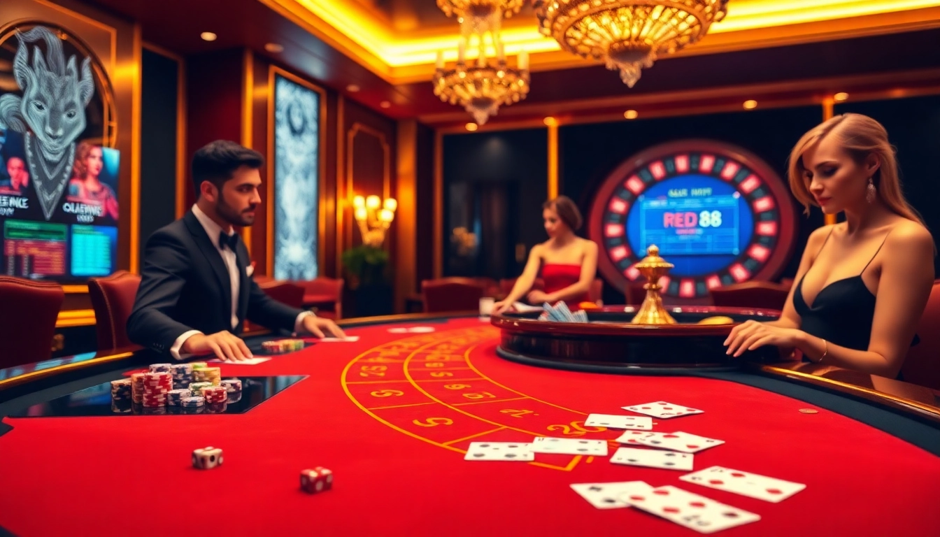 Experience excitement at red88.hot with players engaging in Baccarat and colorful casino decor.