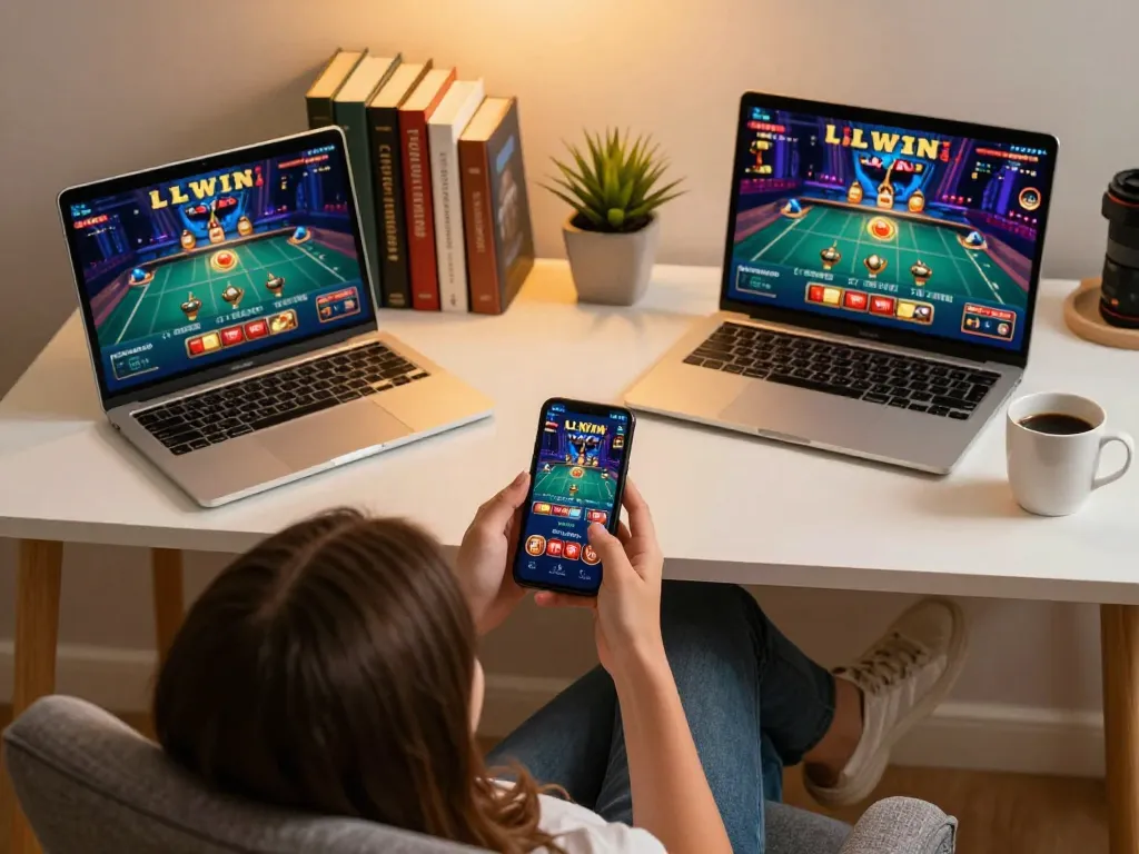 Playing games on the LLWIN casino app, highlighting a vibrant online gaming setup.
