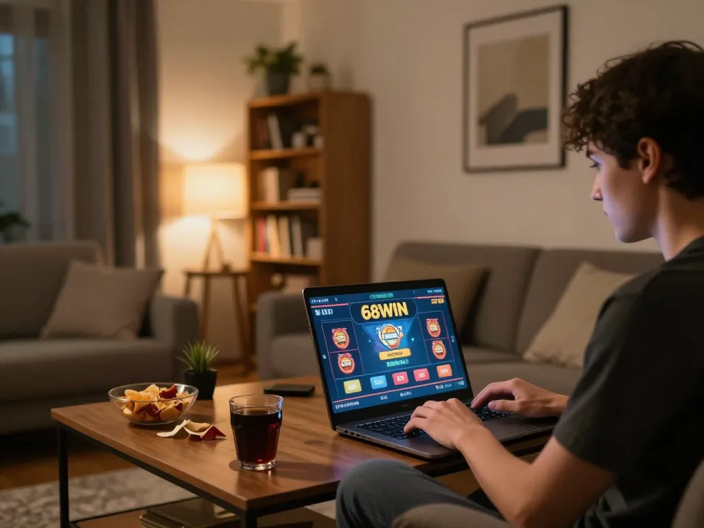 Player engaging in 68WIN online gaming at home, showcasing a casual and focused gaming environment