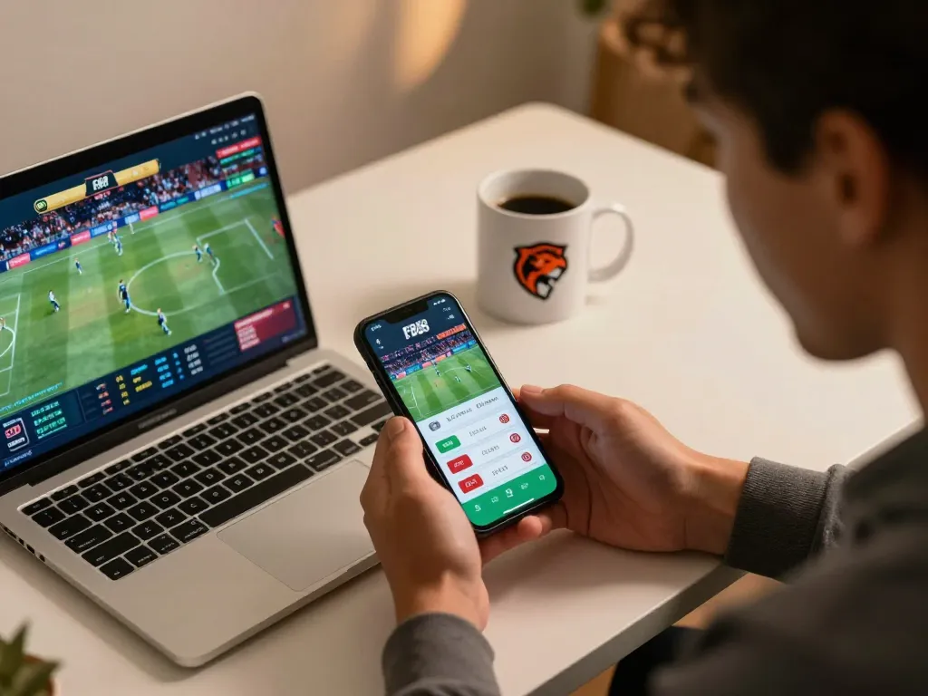 Gambler placing bets on the FB88 app while enjoying sports at home, illustrating excitement and strategy.