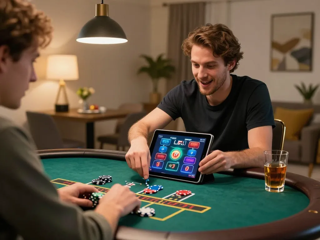 Engaged player betting on DH88 using their tablet in a cozy home gaming setup, highlighting online casino excitement.