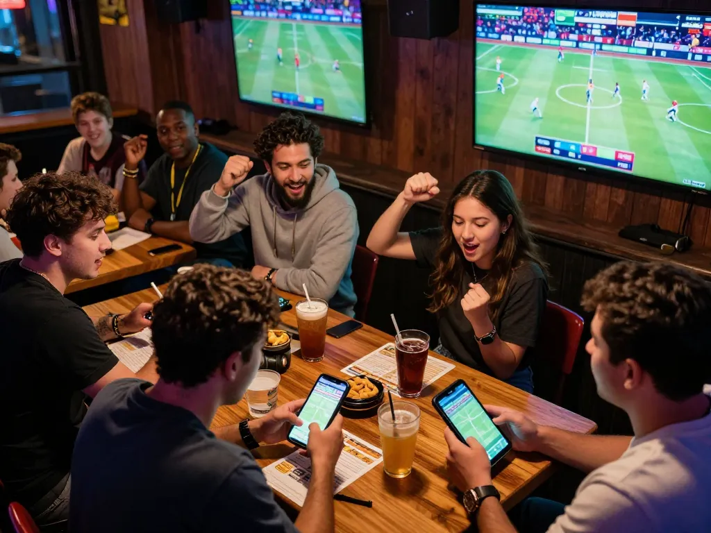MM88 customers actively placing bets while watching live sports on large screens in a vibrant bar.